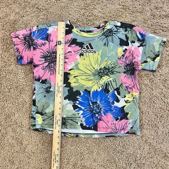 Adidas Floral Crop Top Loose Fit‎ T Shirt Colorful Girls Size Large 14 Hibiscus - Picture 3 of 7